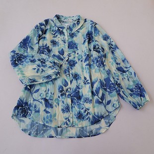 新款 单排扣气质开衫 欧美女士翻领长袖 印花两件套衬衫 D11 时尚 春季