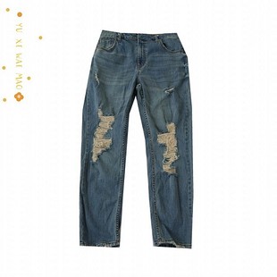 高腰休闲百搭长裤 春季 欧美女士水洗做旧磨破牛仔裤 A11 新款