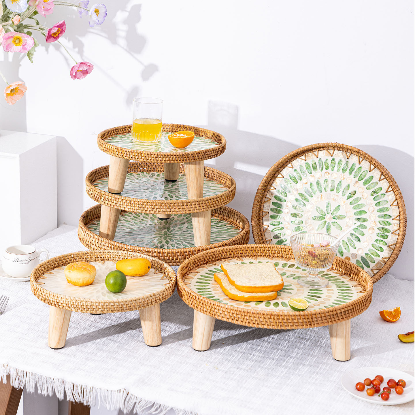 越南藤编贝壳实木脚托盘日式面包盘手工编织家用收纳盘托盘水果盘,家居饰品,果盘/果篓,淘宝优惠券,粉丝福利购,淘宝优惠卷