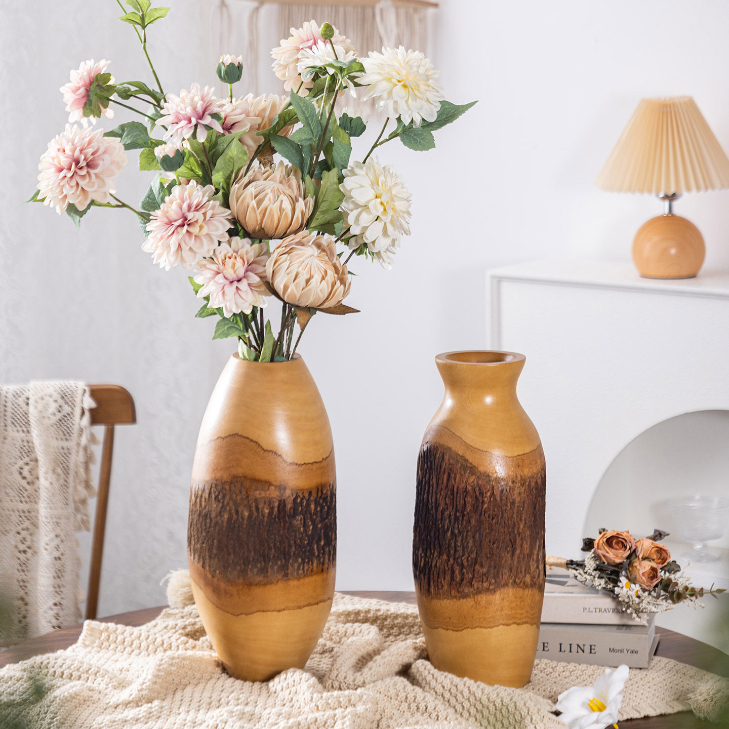 东南亚复古实木制树皮插花器客厅玄关桌面装饰品高级感花瓶摆件