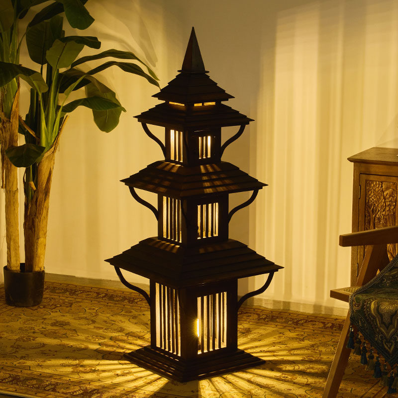 东南亚风实木制作景观庭院灯门口过道落地灯复古三层塔形装饰灯具