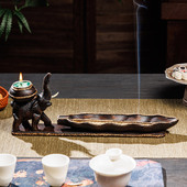 泰国线香香薰炉复古实木大小象造型东南亚风烛台竹编插香摆件烛台