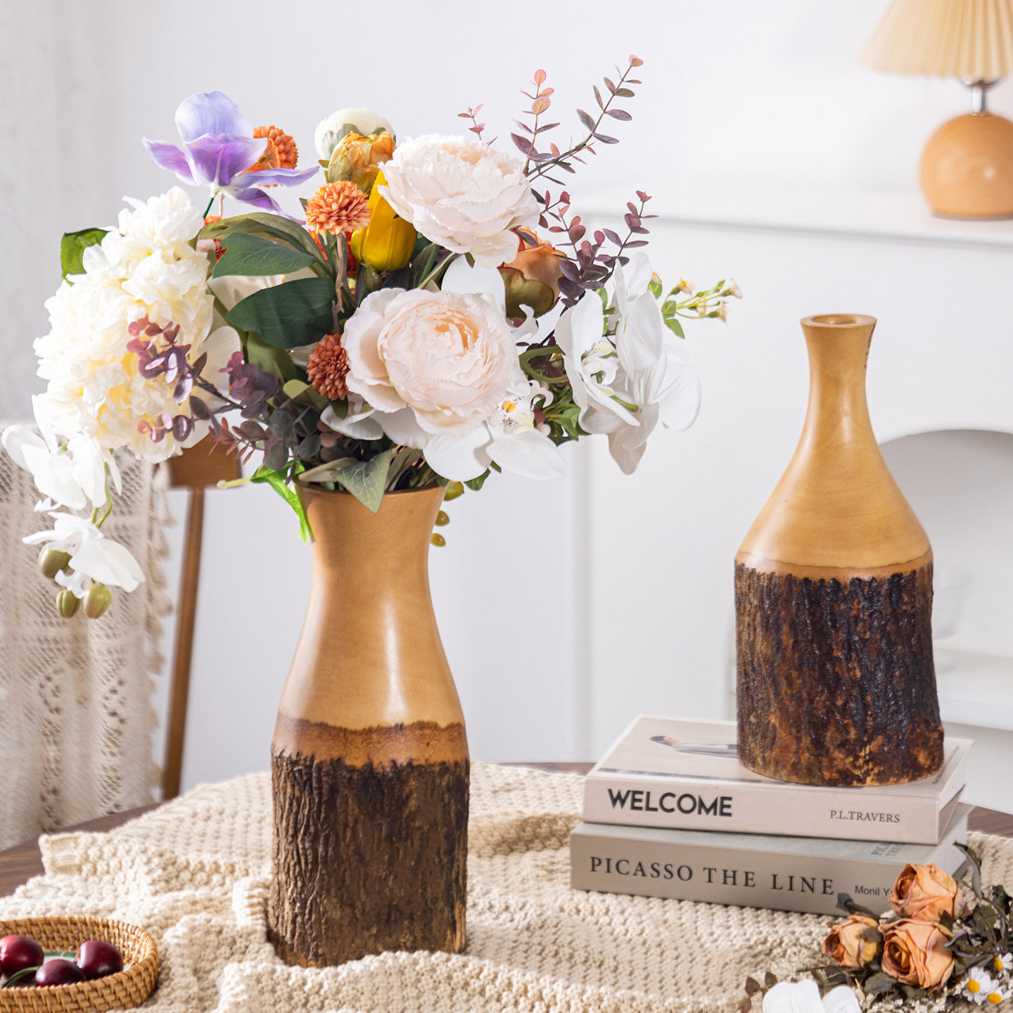 客厅插花器艺术干花轻奢树皮细口瓶现代简约创意桌面装饰花瓶摆件