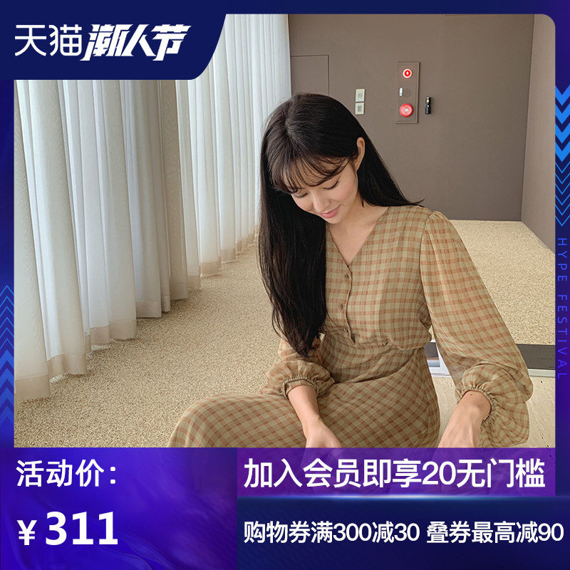 韩国直邮Cherrykoko长袖v领格子连衣裙2020年新款收腰显瘦气质