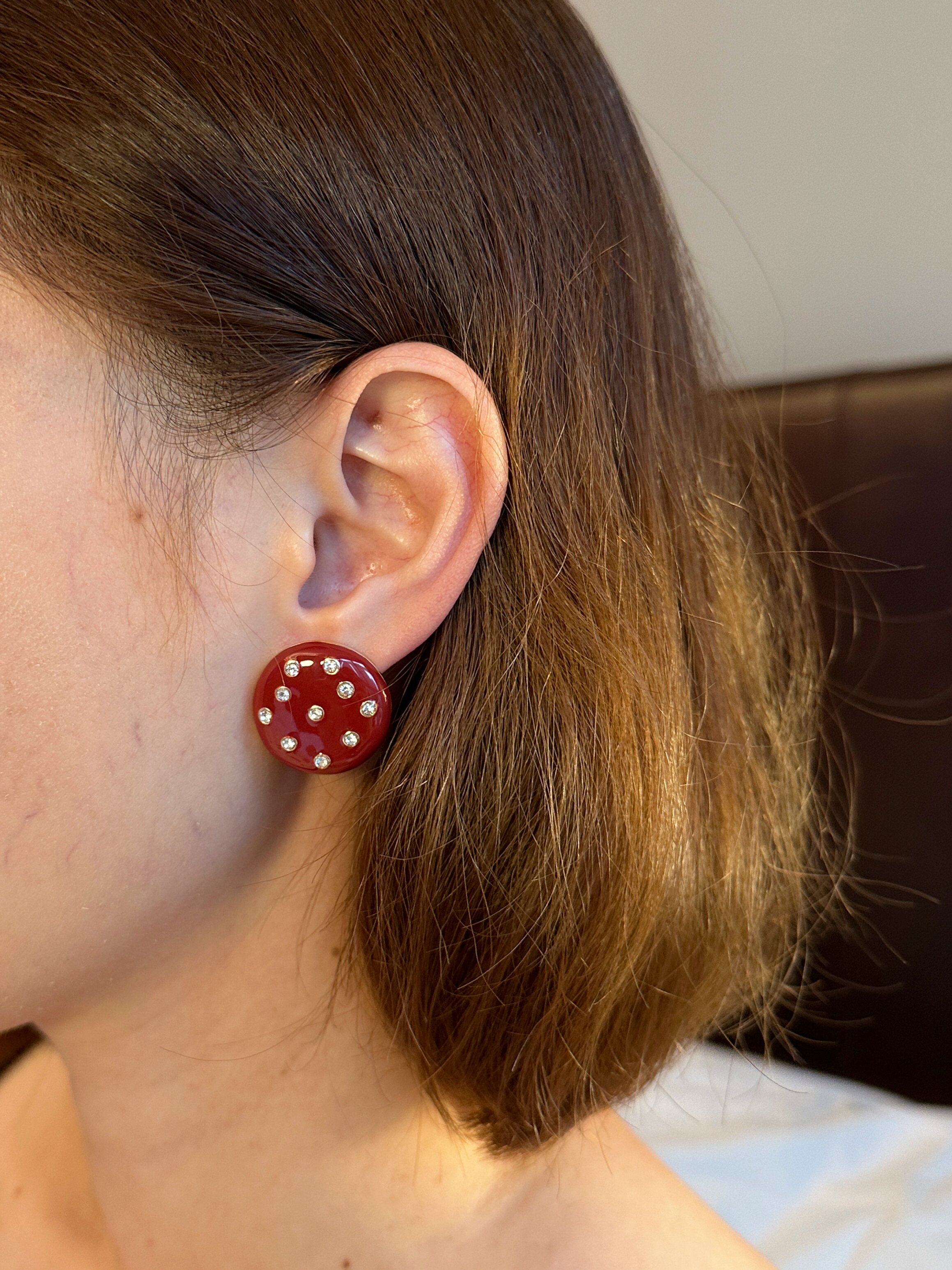 LOve BNN Vintage复古中古S925红色圆形波点港风白鹿耳环耳钉耳夹