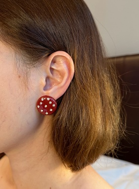 LOve BNN Vintage复古中古S925红色圆形波点港风白鹿耳环耳钉耳夹