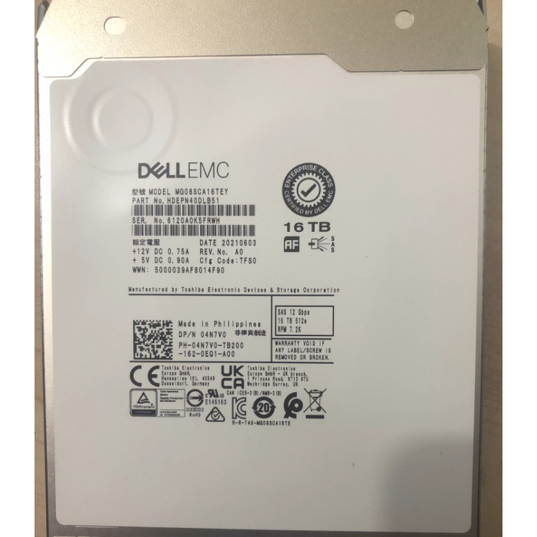 DELLEMC/戴尔04N7V0 MG08SCA16TEY服务器硬盘16TB SAS 12G 4N7V0