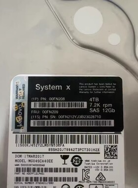 联想IBM 00FN209 00FN208 00FN212服务器硬盘4T SAS 12GB 3.5