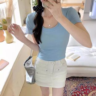 领短袖 上衣修身 打底风高腰纯色U露锁骨夏季 T恤2024甜辣显瘦女短款