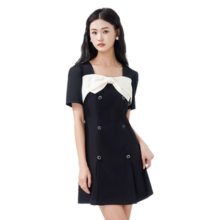 WEWE/唯唯连衣裙女夏季新款法式设计感蝴蝶结小黑裙精致裙子