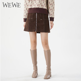 WEWE/唯唯2023冬季新品女装高腰时尚拉链复古灯芯绒A字半身裙显瘦