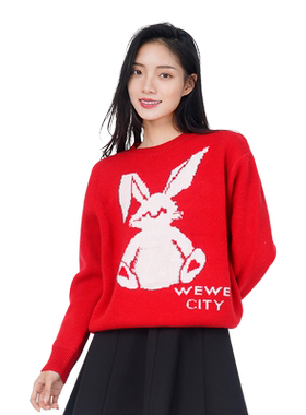 WEWE唯唯毛线套头圆领兔子图案