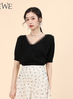 WEWE唯唯夏季新品女装气质V领网纱拼接优雅通勤针织衫显瘦