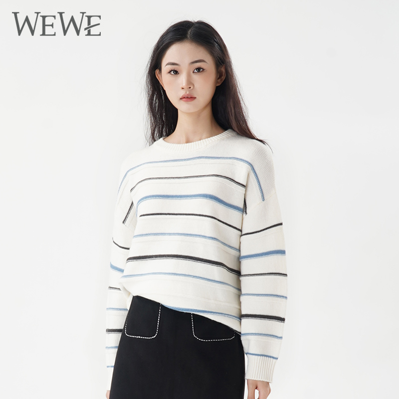 WEWE唯唯套头圆领条纹毛衣