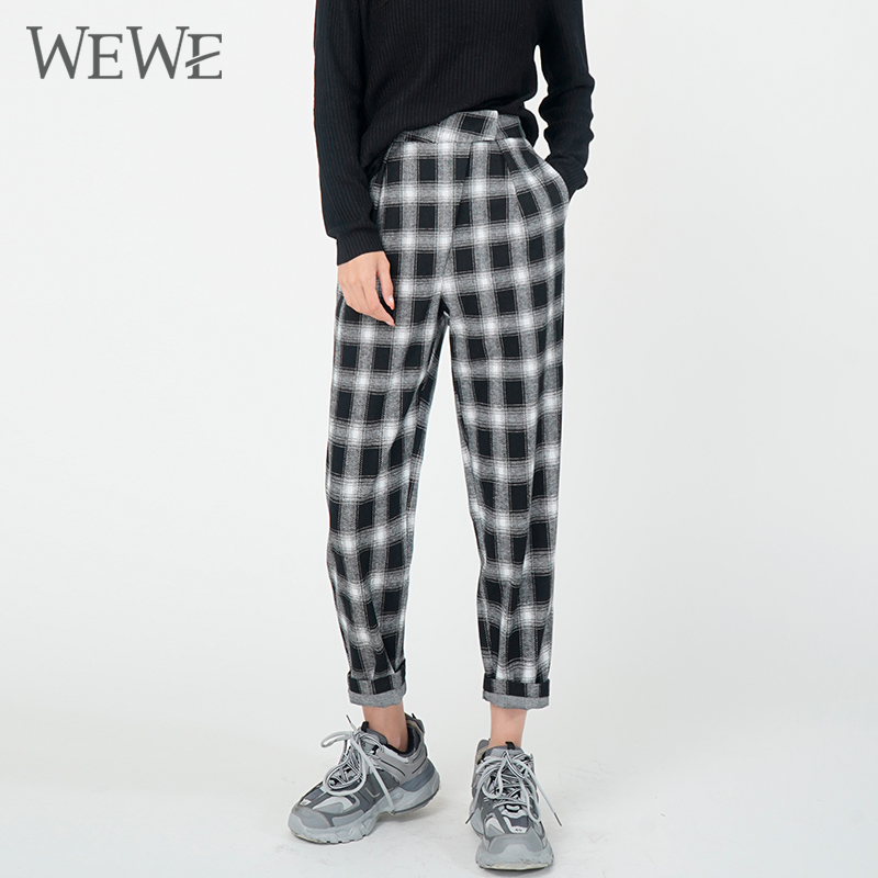 自然腰通勤WEWE唯唯格子休闲裤