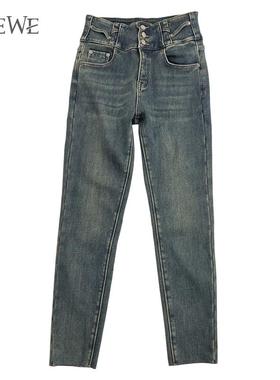 WEWE/唯唯复古排扣牛仔裤女冬季高腰显瘦修身保暖直筒裤