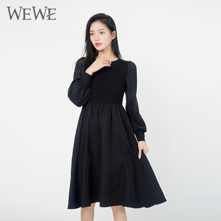 WEWE/唯唯冬季新品女装针织拼接高腰修身时尚连衣裙气质通勤