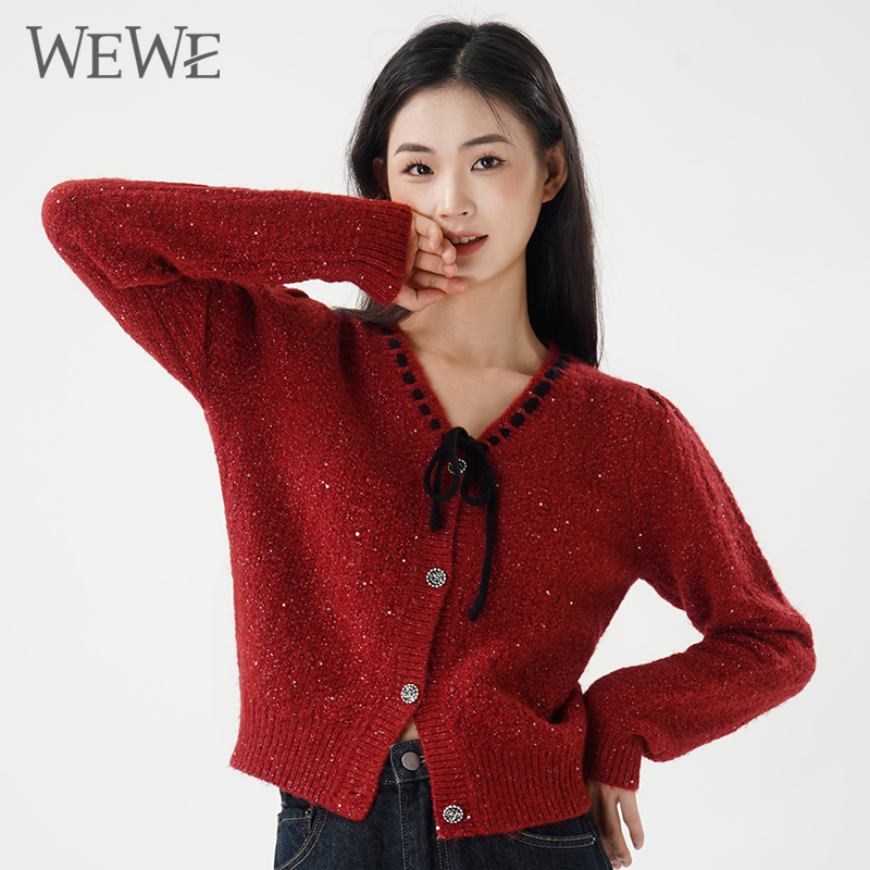 WEWE唯唯单排扣V领系带开衫