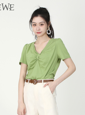WEWE唯唯夏季新品女装气质甜美时尚V领短袖T恤通勤百搭亲肤