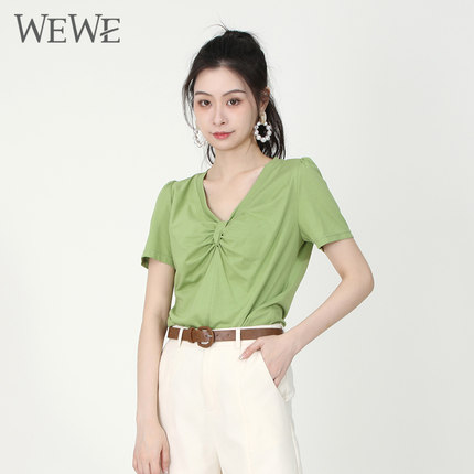 WEWE唯唯夏季新品女装气质甜美时尚V领短袖T恤通勤百搭亲肤