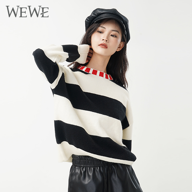 WEWE唯唯圆领休闲宽松撞色毛衣