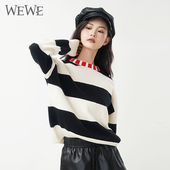 唯唯冬季 新品 女装 WEWE 经典 黑白撞色宽松学生毛衣休闲减龄