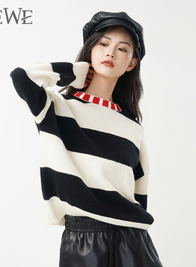 WEWE/唯唯冬季新品女装经典黑白撞色宽松学生毛衣休闲减龄
