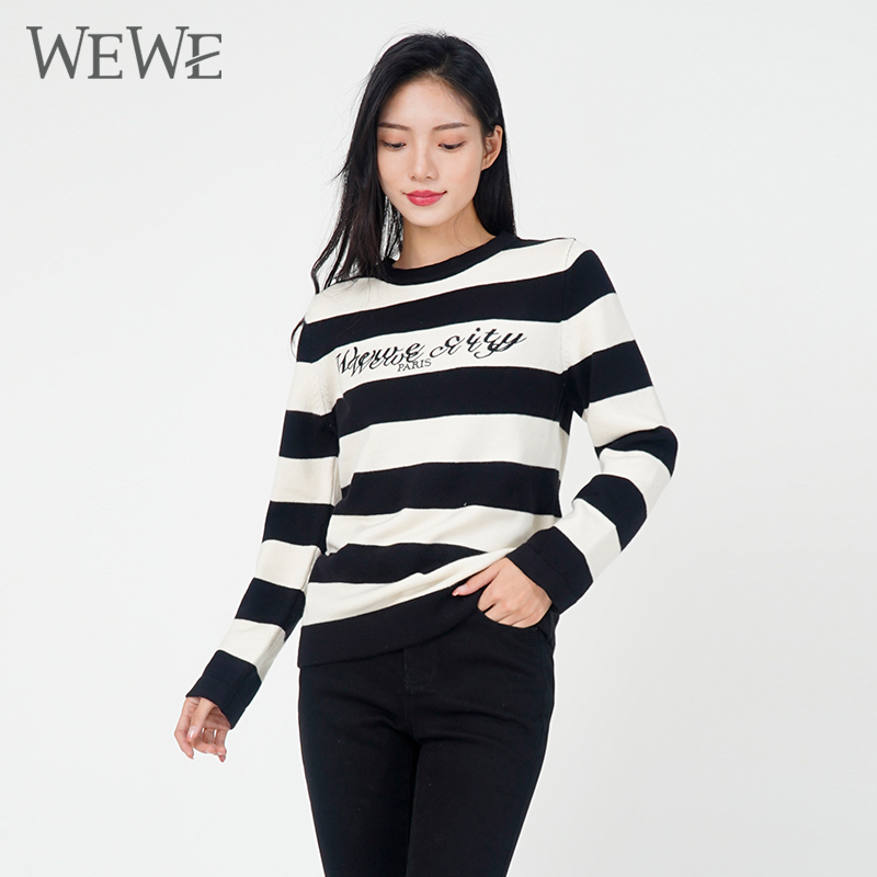 WEWE唯唯毛衣套头圆领条纹，刺绣