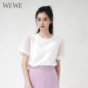 女可爱减龄 WEWE 新品 唯唯夏季 女装 蕾丝网纱甜美洋气雪纺衫