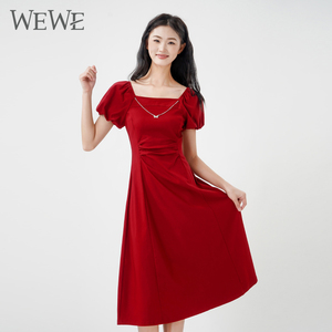 WEWE/唯唯连衣裙修身中长款夏季A字裙高腰短袖法式小众裙子