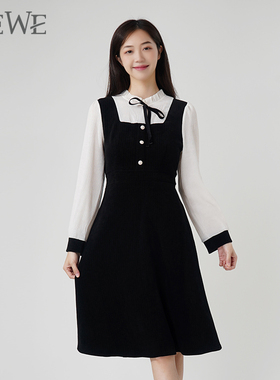 WEWE/唯唯春秋季新品女装甜美气质时尚通勤假两件连衣裙清新