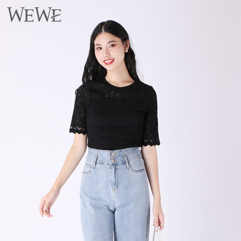 wewe唯唯女装修身蕾丝女士t恤