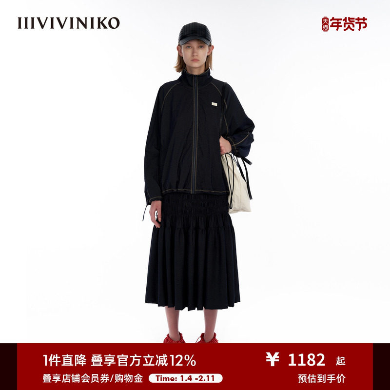 IIIVIVINIKO&ldquo;微皱细条纹尼龙&rdquo;宽松拉链运动外套女M334718119B