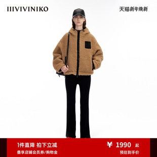 IIIVIVINIKO时髦落肩连帽美拉德箱型毛呢大衣外套女M340312390D