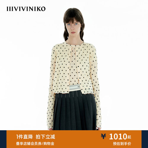 IIIVIVINIKO夏季新款淡人休闲褶皱波点圆领开衫女M520240661D