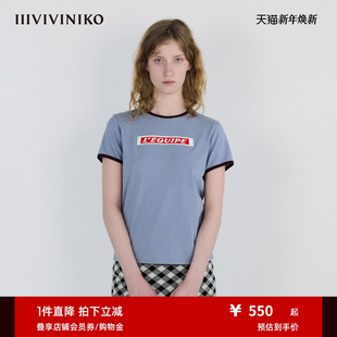 IIIVIVINIKO2025秋新款 复古胶标正肩T恤女M530502335A 休闲时尚