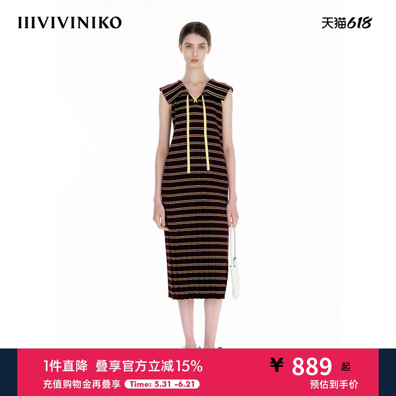 IIIVIVINIKO2025夏新款大翻领渐变条纹针织连衣裙女R521105627D