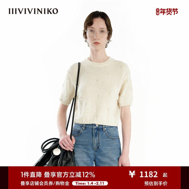 【手工钉珠】IIIVIVINIKO秋季新款羊毛宽松短袖针织套头衫女