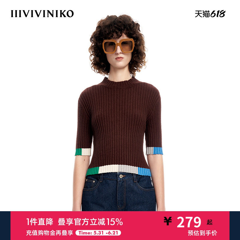 IIIVIVINIKO春夏新品圈圈纱半高领罗纹针织套头衫女M310110621C