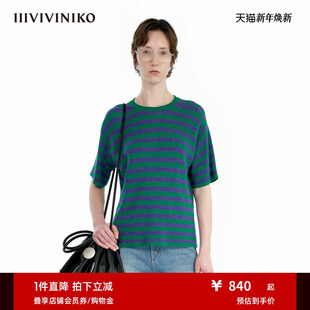 复古撞色条纹短袖 新款 IIIVIVINIKO秋季 针织T恤女 美利诺羊毛