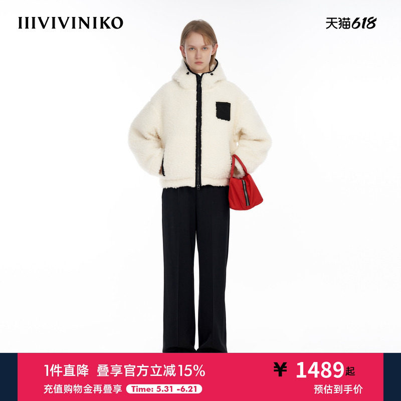 IIIVIVINIKO时髦落肩连帽双面穿箱型毛呢大衣外套女M340312390D