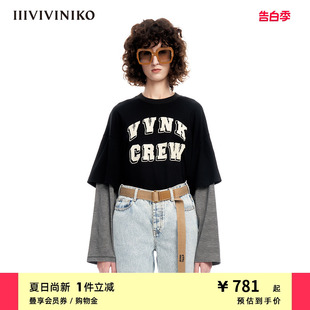 T恤女M310501303A IIIVIVINIKO春夏新品 学院风刺绣假两件落肩长袖