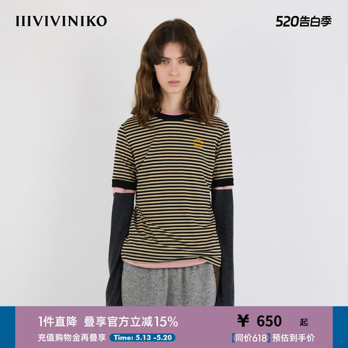 IIIVIVINIKO2025秋新款植绒印花圆领条纹正肩T恤女M530513338A