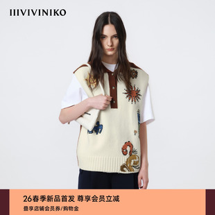 IIIVIVINIKO2026春新款 Polo领撞色提花针织背心女M611202601A