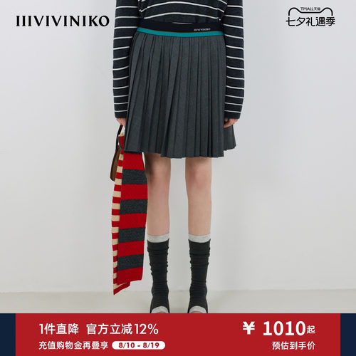 IIIVIVINIKO秋季新款学院风休闲撞色腰头百褶裙女M530708166B