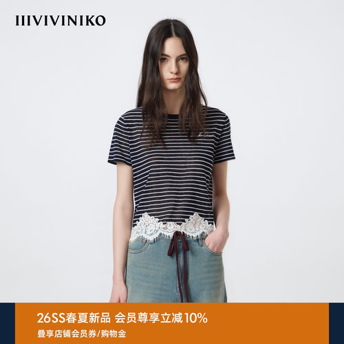 IIIVIVINIKO2026夏季新款复古蕾丝拼接条纹短袖T恤女M620135644E