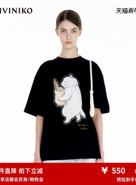IIIVIVINIKO2025夏新款可爱猫咪印花慵懒廓形T恤女R520506335D