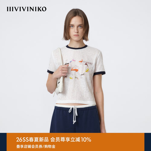 IIIVIVINIKO2026夏季新款百搭修身撞色圆领印花T恤女M620509343D