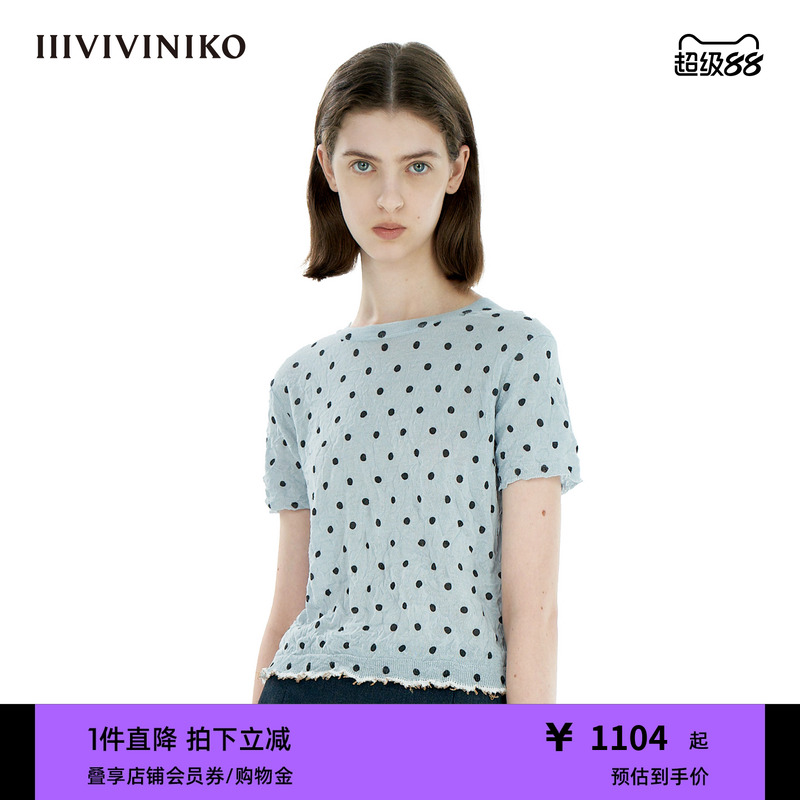 IIIVIVINIKO2025夏新款淡人休闲褶皱波点圆领短袖女M520140661D