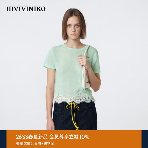 IIIVIVINIKO2026夏季新款复古蕾丝拼接条纹短袖T恤女M620135644E